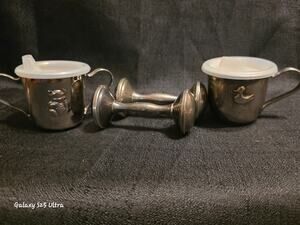 Vintage Selandia Hungry Bear Duck Sippy Cups + 2 Silverplate Baby Rattles